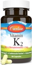 Carlson - Βιταμίνη K2, MK-4 (Μενατερενόνη), Συμπλήρωμα βιταμίνης Κ, Υγεία των οστών και της καρδιάς, K2 Βιταμίνη, χωρίς σόγια, 60 κάψουλες