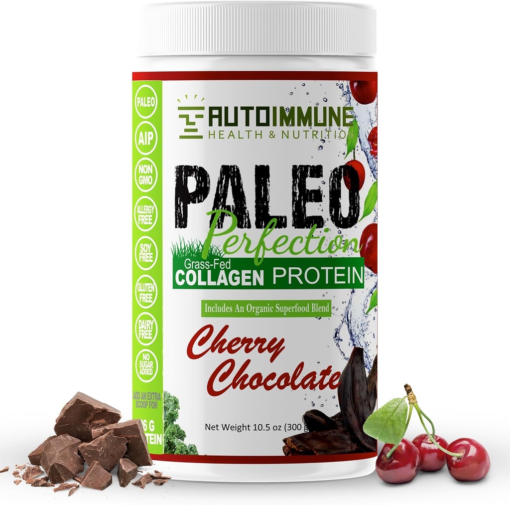 Paleo Perfection Cherry Chocolate Grass Fed Beef Collagen Protein Toz Stevia - Paleo, Keto, SCD, AIP Protein Toz w / Apple Fiber, Carrot & Broccoli - 300g Protein & Superfood
