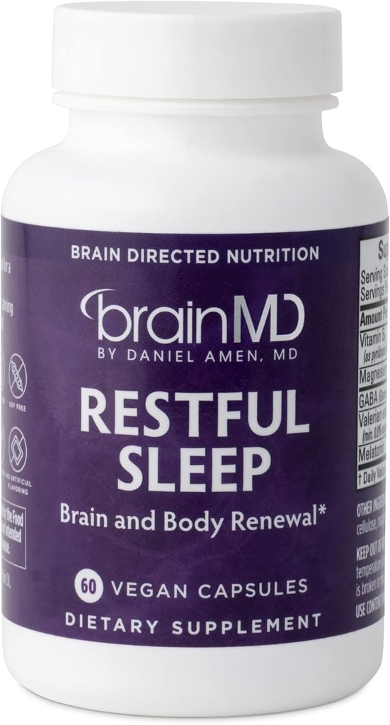 Dr. Amen beyinMD Restful Sleep - 60 Capsules - Rahatlama ve Calm, Contains Melatonin, Valerian, GABA & Magnezyum, Non-Habit Form - Gluten-Free - 15 Hizmet