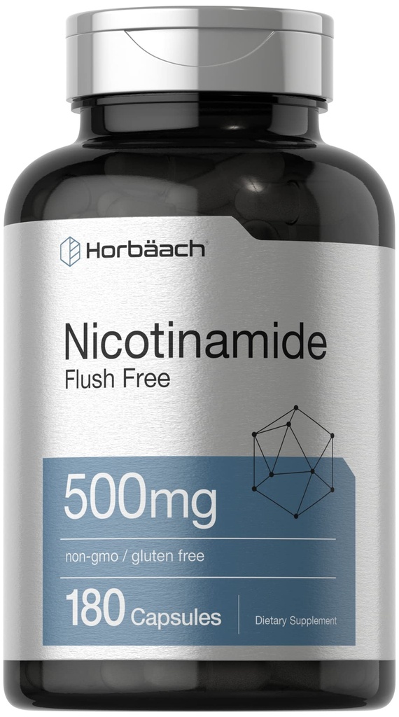 Horbäach Nicotinamid 500 mg | 180 Capsules | Flush Free Diyetary Supplement | Non-GMO ve Gluten Ücretsiz Vitamin