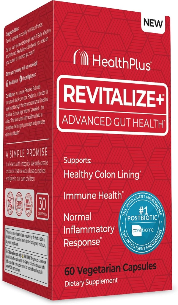 Health Plus Revitalize+ Corebiome Tributyrin Postbiyotiks for Complete Digestive Health, Leaky Gut, Colon | Gut Health Supplements for Men & Women | 60 Capsules, 30 Servisler