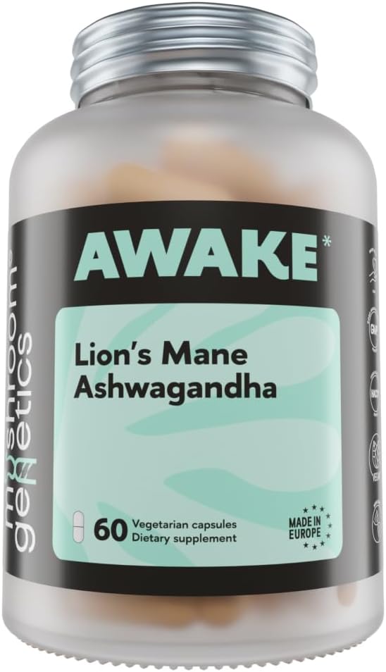 Mushroom Genetics Lions Mane & Ashwagandha Supplement Capsules - Nootropic Mushroom for Brain, Memory & Stress Relief | Fruiting Body & Ashwagandha Root for Focus, Energy & Wellness | 60 Capsules