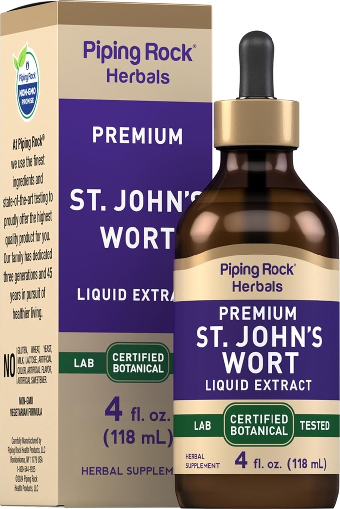 Piping Rock St Johns Wort Tincture Drops | 4 Fl Oz | Premium Liquid Herb Extract | Hipericum Perforatum | Vegetarian, Alkol Free | Non-GMO, Gluten Free Supplement