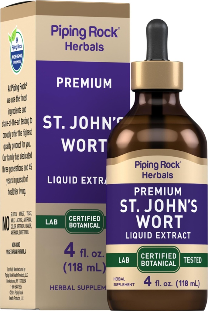 Piping Rock St Johns Wort Tincture Drops | 4 Fl Oz | Premium Liquid Herb Extract | Hipericum Perforatum | Vegetarian, Alkol Free | Non-GMO, Gluten Free Supplement