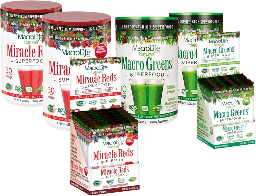 MacroLifewich 6Count Sche, 2 Macro Greens 10oz +1 Packet Box (12ct), 2 Miracle Reds 10oz +1 Packet Box (12ct)