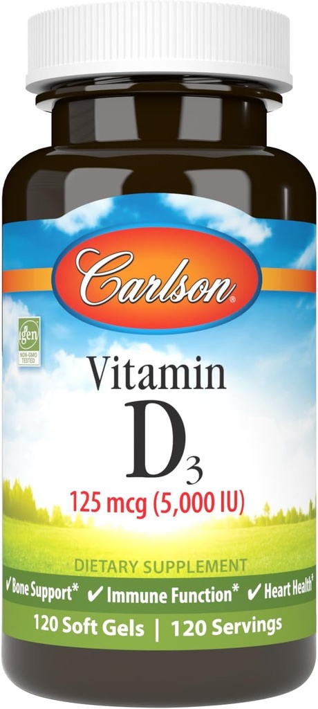 Carlson - Βιταμίνη D3 5000 IU (125 mcg), Υγεία των οστών, Μυική Υγεία, Χοληκαλσιφερόλη, συμπληρώματα βιταμίνης D, Βιταμίνη D3 Μαλακά Gels, 120 Softgels