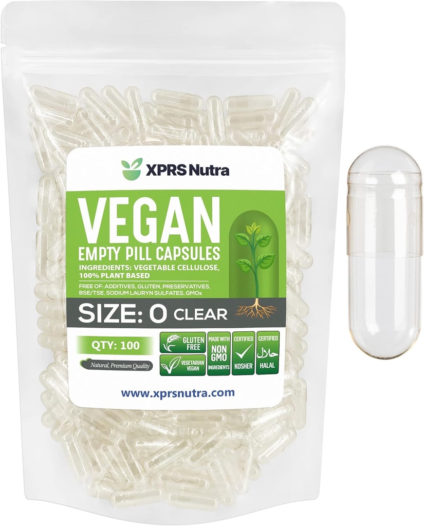 XPRS Nutra Boyutu 0 Boş Kapsüller - 100 Clear Count Boş Vegan Capsules - Vejetaryen Pill - DIY Sebze Kapsülü -Veggie Pills Do-It- Yourself Supplements