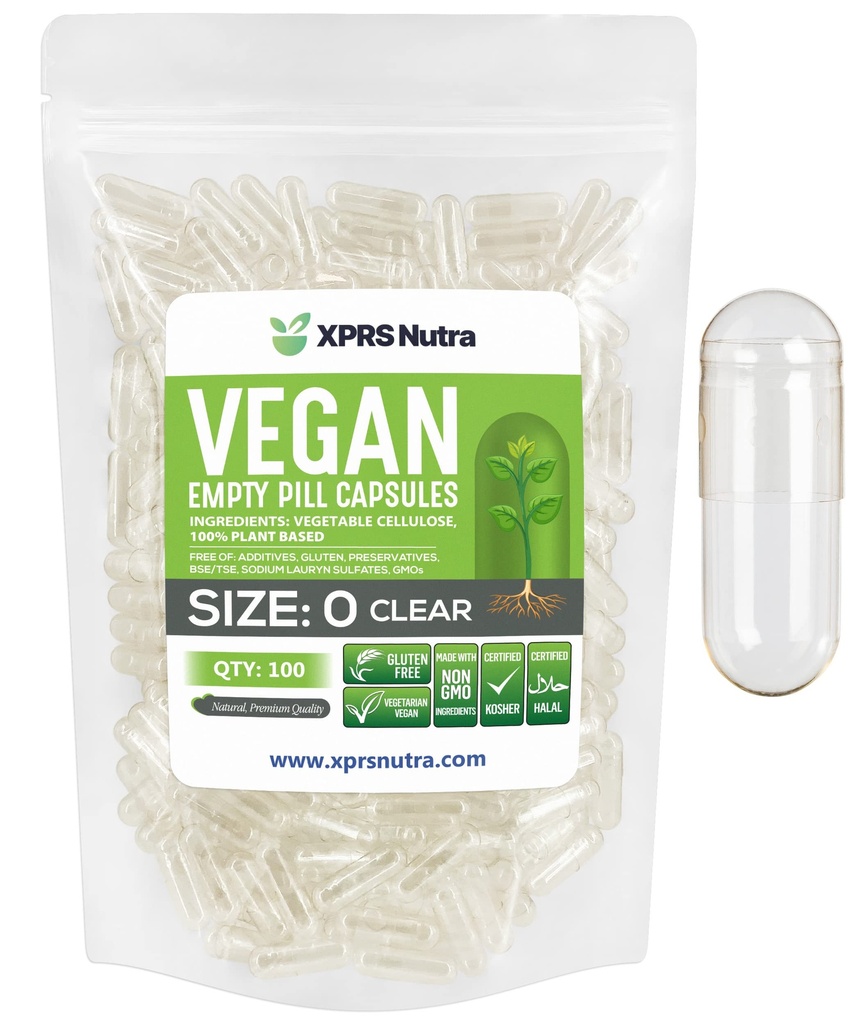 XPRS Nutra Size 0 Empty Capsules - 100 Clear Count Empty Vegan Capsules - Vegetarian Pill - DIY Vegetable Capsule Filling -Veggie Pills for Do-It-Yourself Supplements