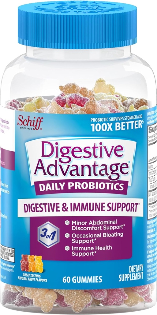 Digestive Avantaj, Yetişkinler için Probiyotik Gummy, 60 Gummies, Gluten-Free, Survives 100x Better, Assorted Fruit Flavors, Supports Digestive Health