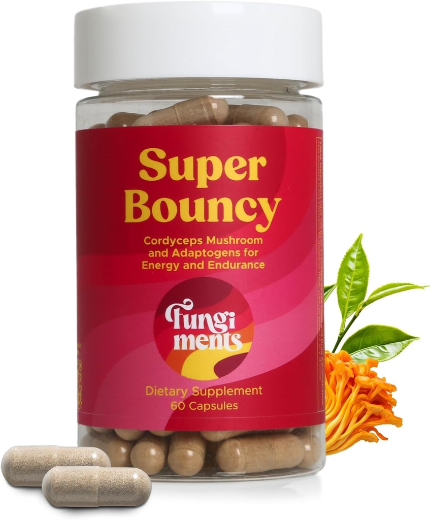 Fungiments Super Bouncy - Mushroom Supplement - Cordyceps Mushrooms, Green Tea, Ginseng - Energy and Focus (60 Capsules)
