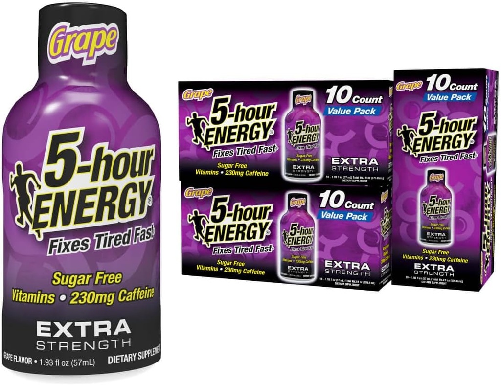 5- Saat ENERJİ Ekstra Kuvvet Enerji Shot, Grape Flavor, 30 Kont, 1.93 oz., Zero Calories & Sugar-Free 230 mg Caffeinated Energy Shot, Amino Acids & B Vitamins, Diyetary Supplements