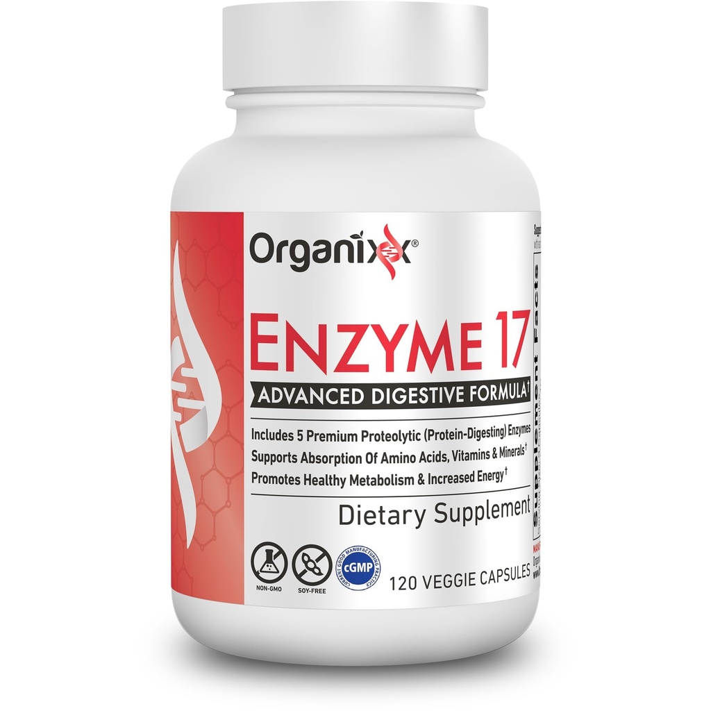 Ένζυμο Organixx 17 Essential Digestive Enzymes for Women & Men, For Gut Health & Optimal Digestive Health, Support for Bloating, Gas, Nutrient Absorvation & Immunity, Vegan, Non GMO, 80 Veggie Capsles