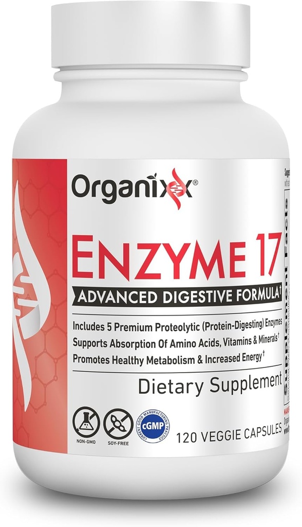 Organixx Enzyme 17 Kadınlar ve Erkekler için Temel Enzimler, Gut Health & Optimal Digestive Health, Bloating, Gas, Nutrient Abpole & Immunity, Vegan, GMO, 80 Veggie Capsules