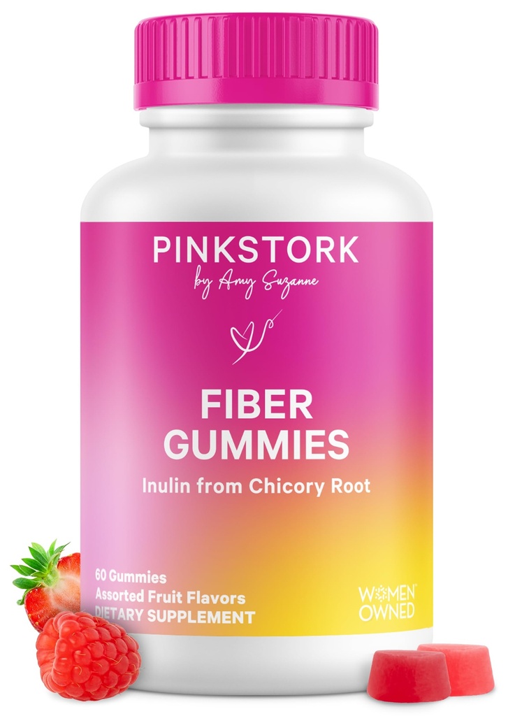 Pink Stork Προγεννητικά Gummies Ίνες για γυναίκες - 3g Prebiotic Inulin από Chicory Root - Φυσική Εγκυμοσύνη & Μεταλόχειο Αποσκληρυντές Στολών για Δυσκοιλιότητα & Πεπτικό Υγεία - 60 Vegan Fiber Chews