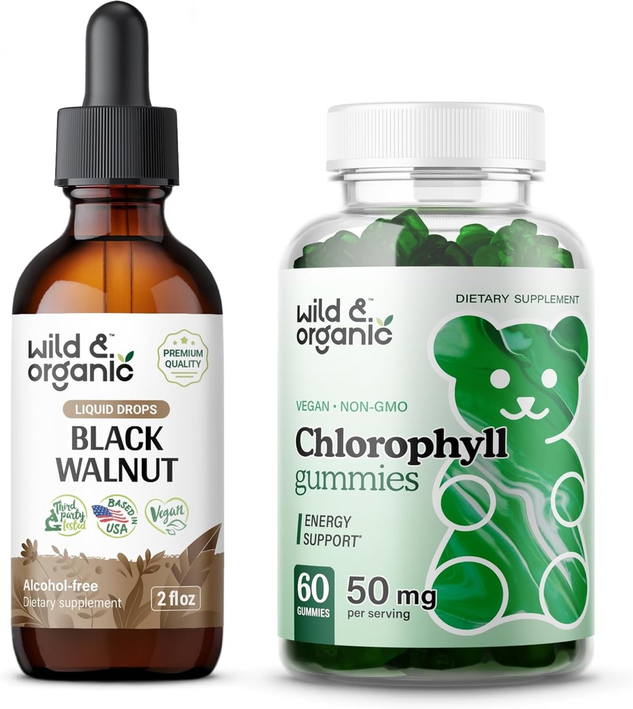 Άγρια & οργανικά Μαύρη Βάμμα Walnut 2 fl oz & Chlorophyl Gummies 60 Count