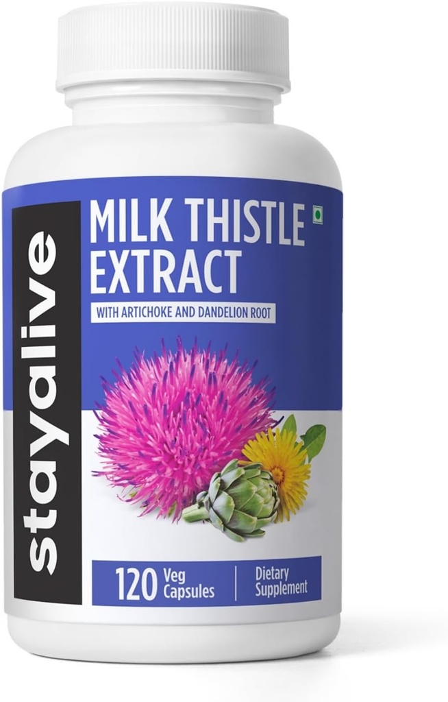 STAY ALIVE Milk Butle Supplement with Dandelion Root and Artichoke Extract,% 80 Silymarin Kompleksi, 120 Pills, 100% Pure Artichoke Leaf Extract Toz, Non-GMO & Gluten-Free Herbal Capsules