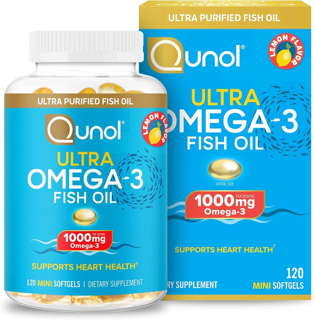 Qunol Omega 3 Fish Oil Mini Softgels, 1000 mg Ultra Pure Fish Oil, Heart Health Support, Omega 3 DHA Supplements, Lemon Flavor, 2 Ay Supply, 120