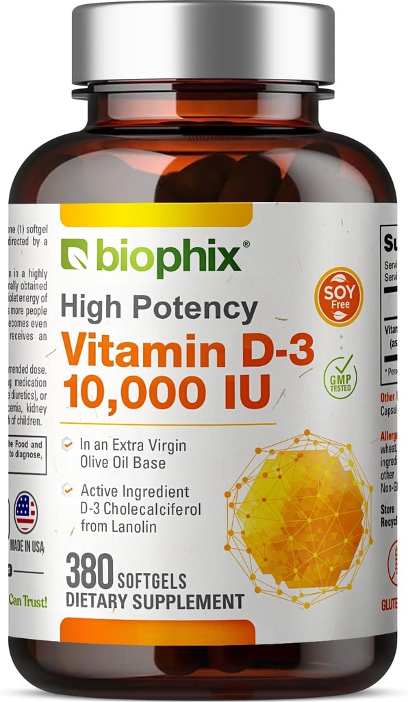 biophix Βιταμίνη D-3 10000 IU 380 Softgels - Υψηλής ισχύος σε Εξαιρετικό Παρθένο Ελαιόλαδο Μη-ΓΤΟ χωρίς σόγια Υποστηρίζει Ισχυρά Οστά Ανοσοποιητική Υγεία