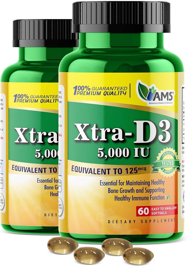 America Medic & Science Xtra D3 Vitamin D 5.000 IU (125 mcg)Cholecalciferol συμπλήρωμα για τους άνδρες και τις γυναίκες (120Easy to Swallow Softgels) 2pack