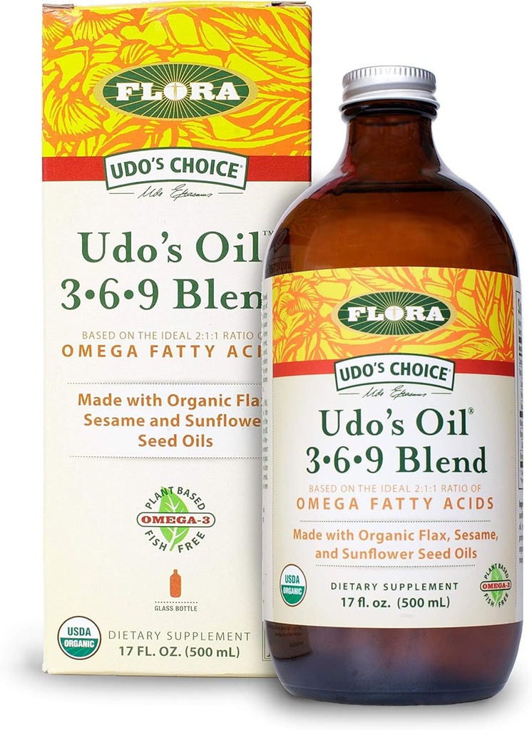 Flora Udo's Oil 3-6-9 Blend - Vegan Omega-3 & Omega-6 Oil - Contains Organic Coconut Oil, Flax Seed Oil & More - Keep Chilled - 17 fl. oz.