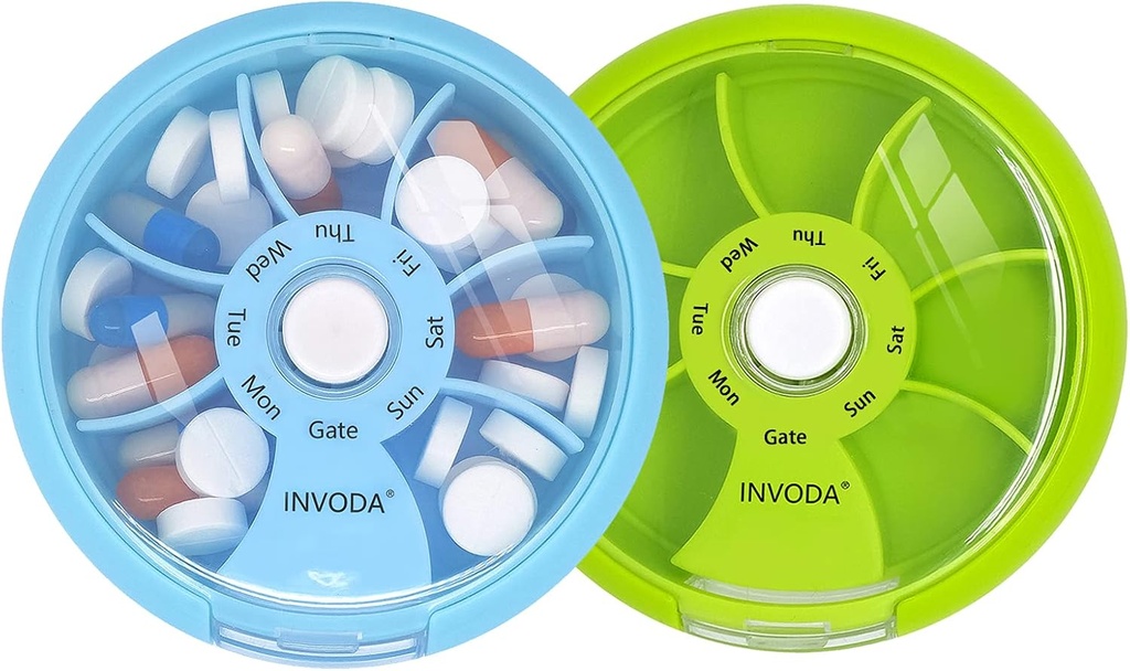 INVODA Weekly Pill Organizer 7 Karşılaştırmalı Günlük İlaçlar ve Vitaminler için Pill Box - Portatif Seyahat Pill Case Fish Oil Supplements Vitamins Organizer (Green+Mavi)