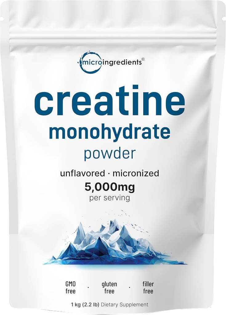 Instant Kretine Monohidrat Toz 1 kg (2.2 Lbs), 5000 mg EN Micronized Kretine Toz, Unflavored, Pure, No Filler, Keto & Vegan Dostu, Easy Dissolve Pre Workout for Women and Men
