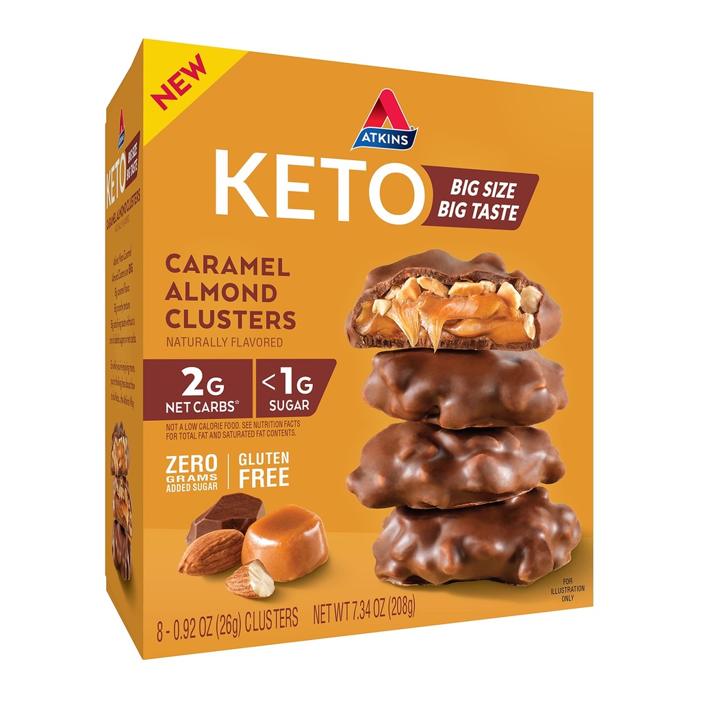 Atkins Caramel Almond Clusters, Gluten Free, High in Fiber, 1g Sugar, 2g Net Carb, Keto Friendly, 8 Count Count Count Count