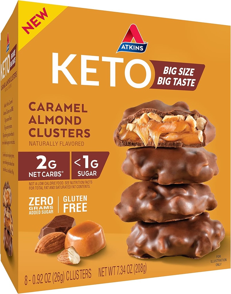 Atkins Caramel Almond Clusters, Gluten Free, High in Fiber, 1g Sugar, 2g Net Carb, Keto Friendly, 8 Count Count Count Count