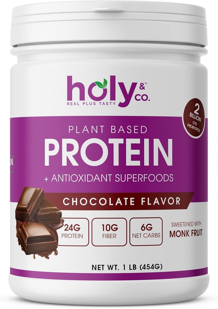 Holy & Co. Plant Based Protein Blend Shake, Gluten Free Chocolate Flavored, Kosher, for Men and Women, 2 Billion Probiotics, Monk Fruit Sugar- 16 oz (1 LB)