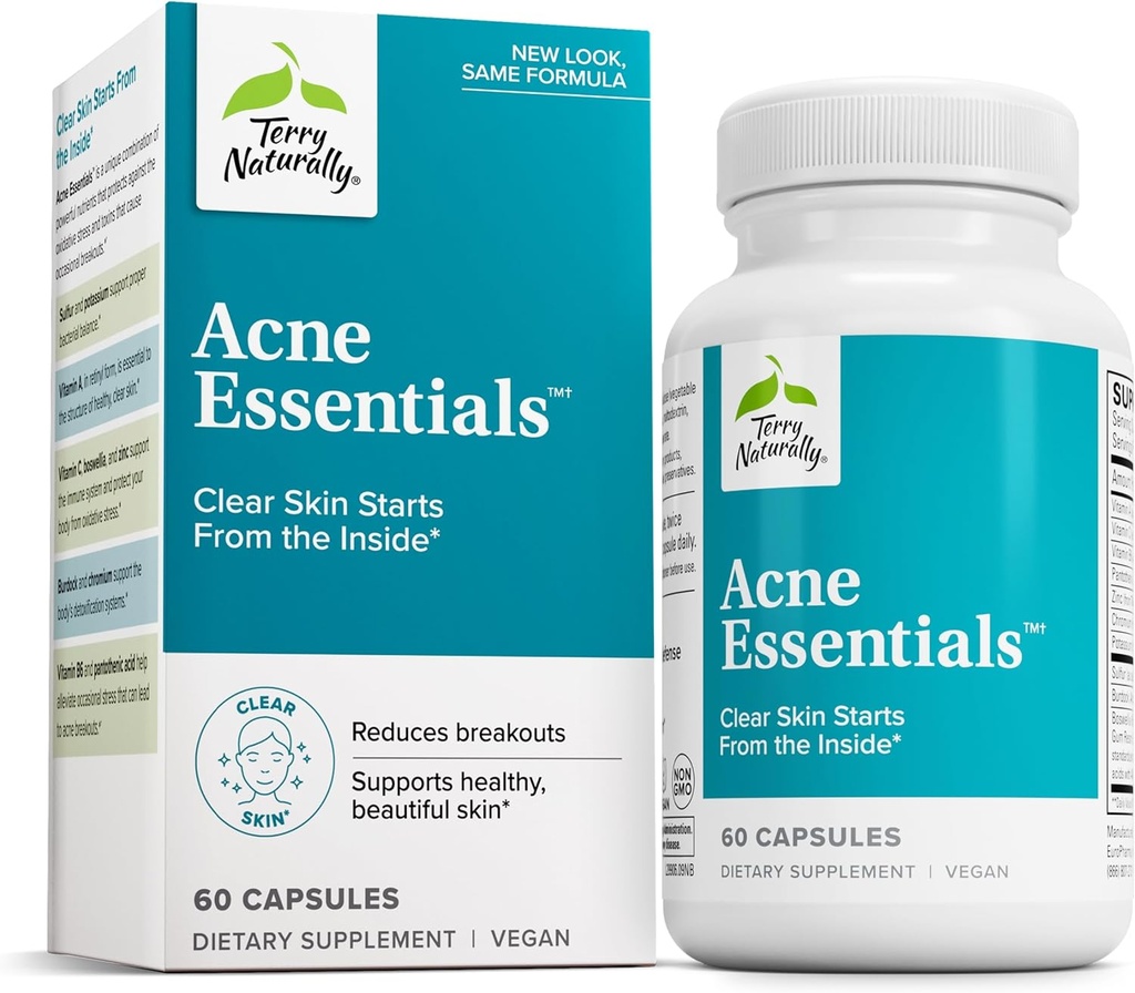 Terry Φυσικά Acne Απαραίτητα - Υποστήριξη του δέρματος για το σαφές δέρμα - Συμπλήρωμα με Βιταμίνες Α, C & ψευδάργυρος - Skincare συμπλήρωμα για Περιστασιακή Ακμή - 60 Κάψουλες (60 Σερβιέτες)