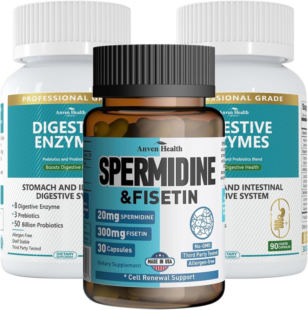Paridine & Fisetin Longevity Sche: 20 mg Spermidine + 300 mg Fisetin + Digestive Enzymes for Gut Health – Aging Defense, Cell Renewal, & Digestive Relief for Men & Women