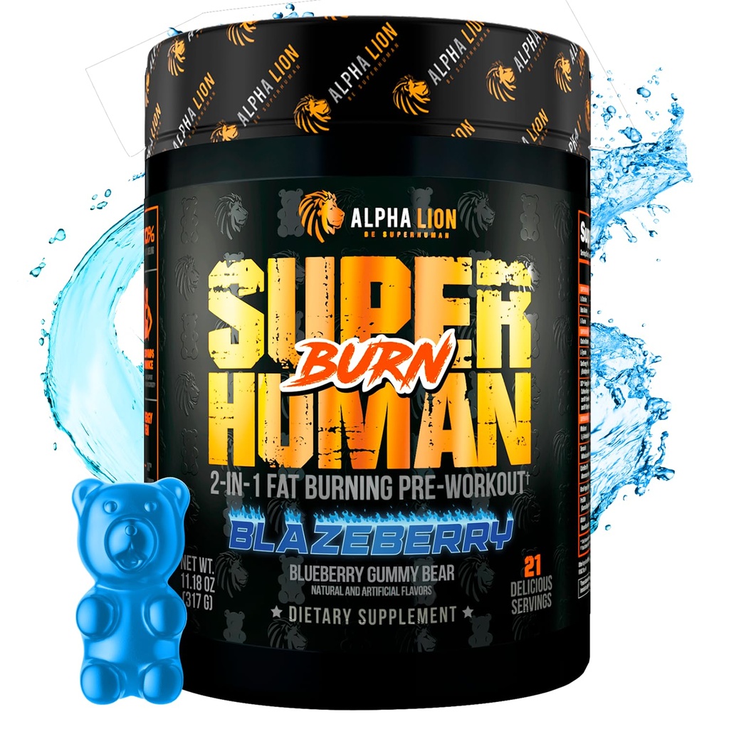 ALPHA LION Superhuman Burn – 1 Metabolism ATM Pre Workout and Thermogenic Fat Burner for Men – Appetite Suppressant and Kilo Kaybı Supplement (21 Hizmetler, Blue Gummy Bear Flavor)