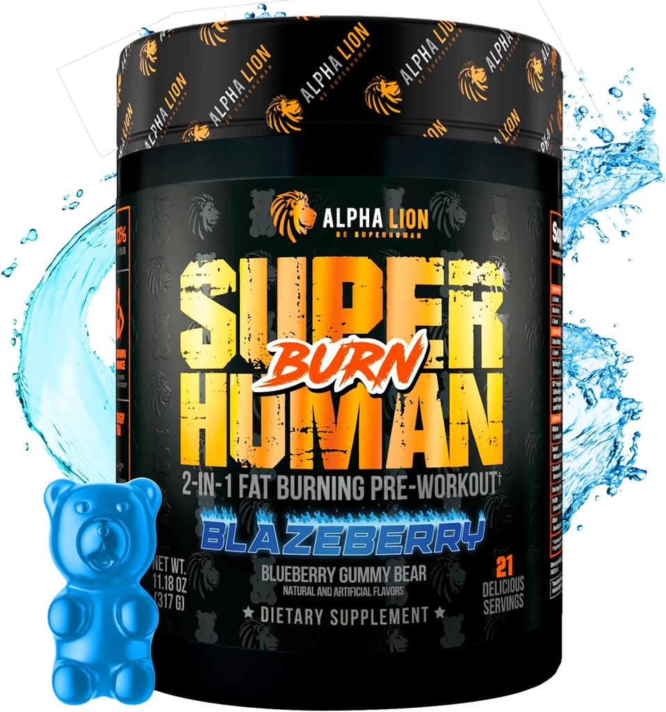 ALPHA LION Superhuman Burn – 1 Metabolism ATM Pre Workout and Thermogenic Fat Burner for Men – Appetite Suppressant and Kilo Kaybı Supplement (21 Hizmetler, Blue Gummy Bear Flavor)
