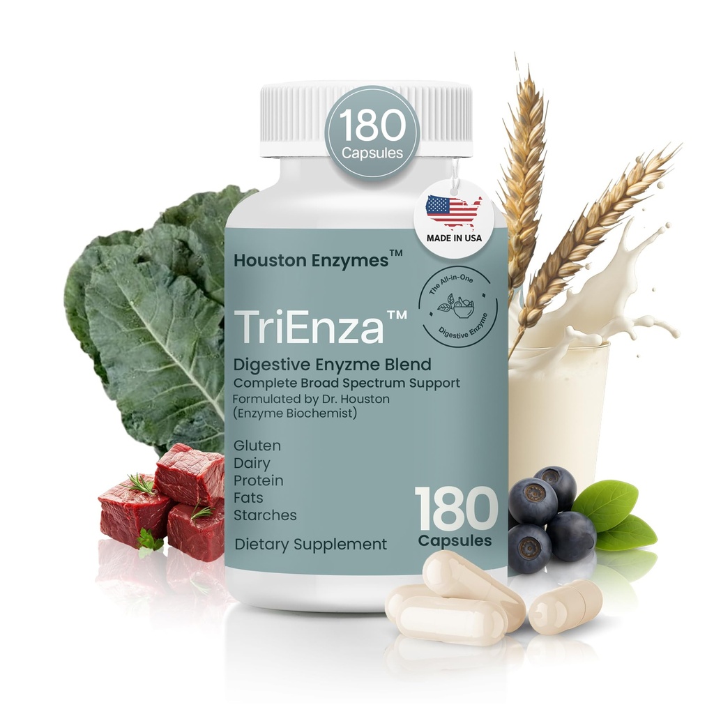 Houston Enzymes TriEnza Digestive Enzymes for Women & Men, Digestive Enzyme Supplements for Proteins, Carbs, Fats & Polyols Help Break Down Buğday, Dairy, Soy, 180 Capsules (90 Dos)