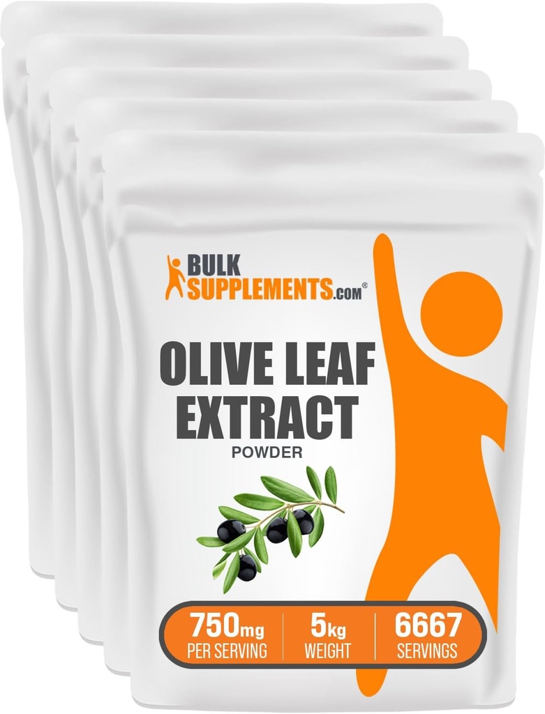 BulkSupplements.com Olive Leaf Extract Powder - Βότανο συμπλήρωμα, Αντιοξειδωτική πηγή, Olive Leaf Powder - Χωρίς γλουτένη, 750mg ανά σερβίρισμα, 1kg (2,2 lbs) (πακέτο των 5)