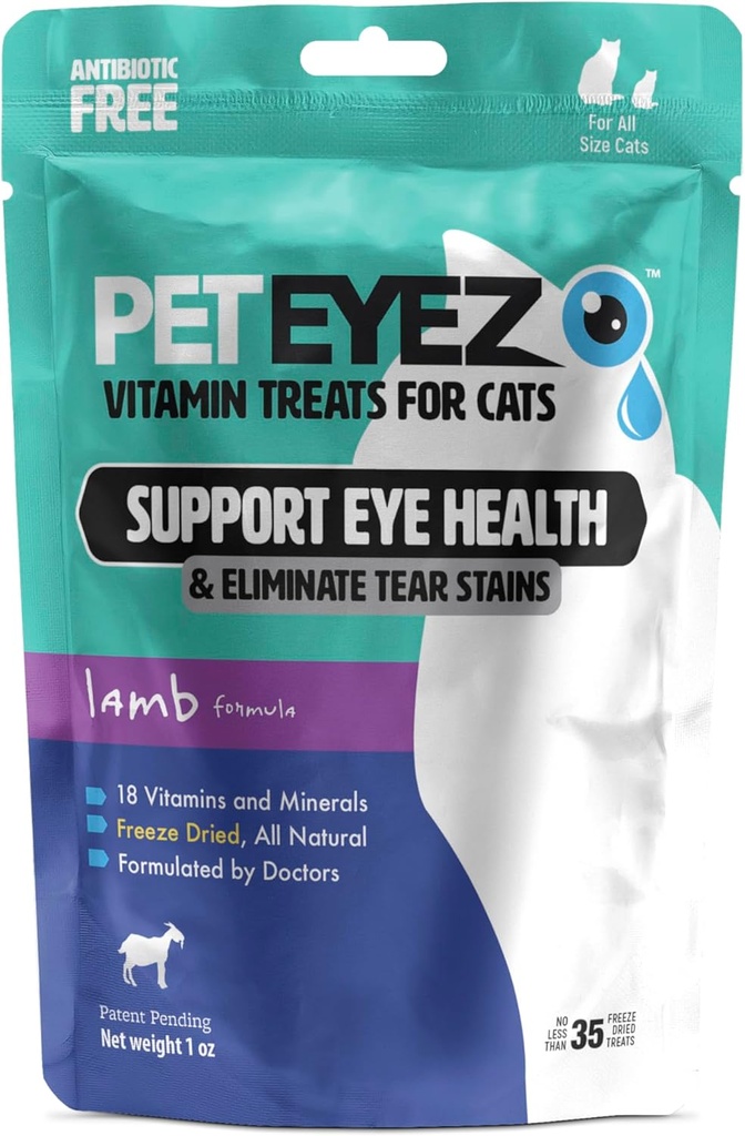PetEyez Vitamin Treats for Cats - Απομάκρυνση δακρυγόνων - Υποστήριξη για την υγεία των ματιών - Μειώνει την φαγούρα και τις αλλεργίες - Αρνί Γεύση - 1oz