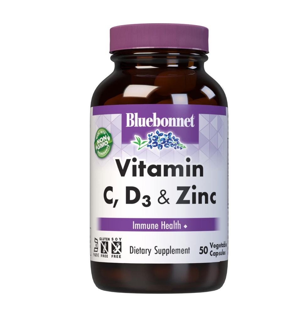 BlueBonnet Beslenme C, D3 & çinko, Immune Health*, Non-GMO, Kosher Sertifikalı, Gluten-Free, Soy-Free, Süt-Free, 50 Sebze Kapsülleri, 50 Hizmet