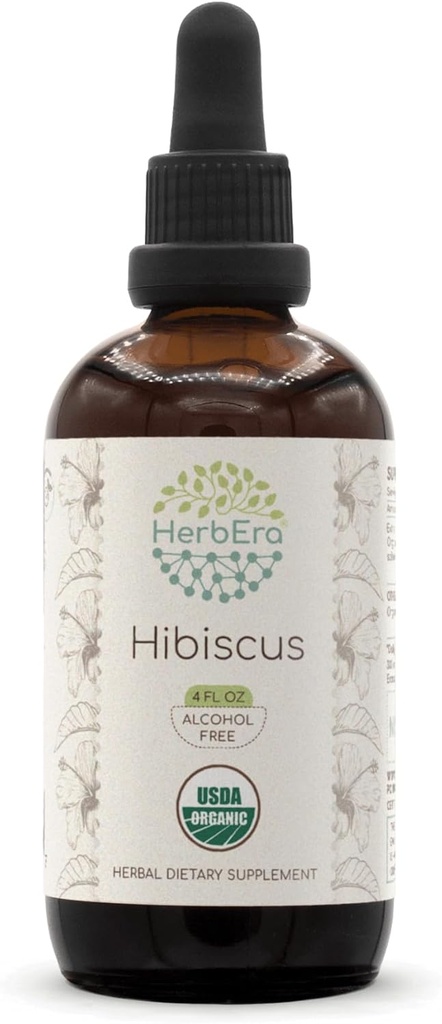 HerbEra Hibiscus B120 USDA Organic Tincture | Alcohol-Free Extract, High-Potency Herbal Drops | Certified Organic Hibiscus Sabdariffa Dried Flower (4 oz)