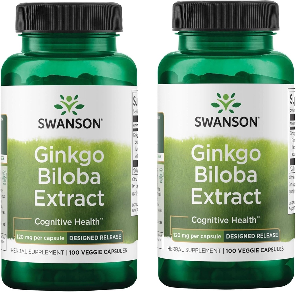 Swanson Ginkgo Biloba Extract Standardized Delayed-Release Memory Brain Cognitive Function Health Supplement 120 mg (24% flavone glycosides, 6% Terpene lactones) 100 Veggie Drcaps (2 Pack)