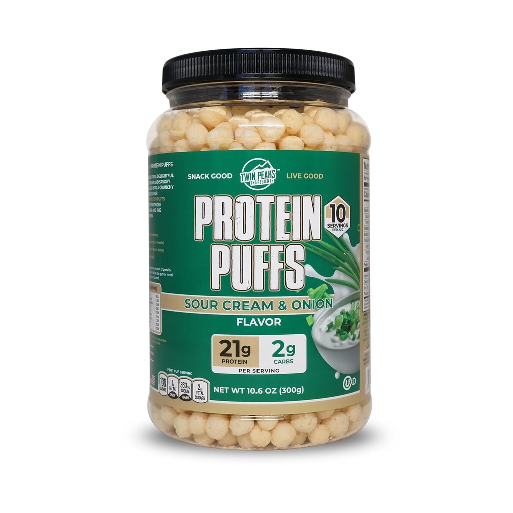 Twin Peaks protein Puffs - (Sour Cream & Onion), Keto Friendly, Low Carb Snack (300g, 21g Protein, 2g Net Carbs, Yüksek Protein, Sağlıklı Crunchy Snack)