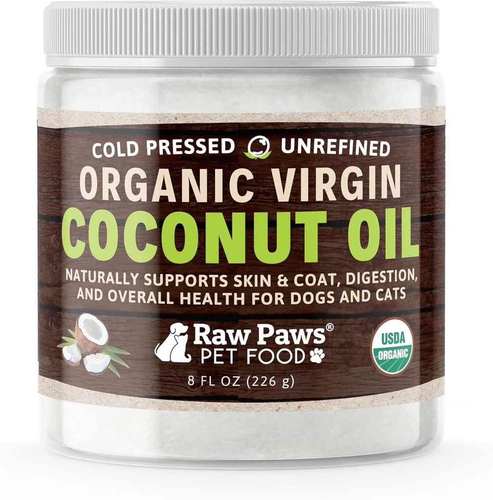 Raw Paws Βιολογικό Παρθένο Λάδι Καρύδας για σκύλους & γάτες, 8-oz - Υποστηρίζει ανοσοποιητικό σύστημα, πέψη, στοματική υγεία, Θυρεοειδής - Όλα φυσικό Αλλεργία ανακούφιση για σκύλους - Hairball Relief