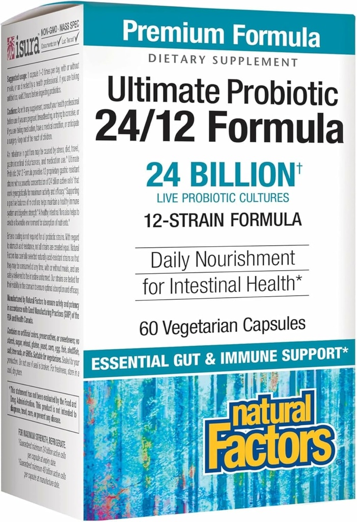 Φυσικοί παράγοντες Ultimate Probiotic 24/12 Formula - Digestive συμπλήρωμα υποστήριξης υγείας με τα προβιοτικά - συμπλήρωμα υποστήριξης ανοσίας & ούρων υγείας - 60 κάψουλες χορτοφάγων (60 εξυπηρετούν)