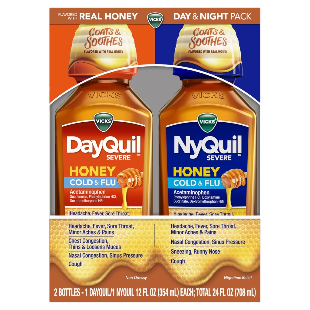 VICKS DayQuil & NyQuil SEVERE Honey Flavor Co-Pack, Ψυχρή & Γρίπη Ιατρική, Ανακουφίζει τον πονοκέφαλο, τον πυρετό, τον πονόλαιμο, τους μικρούς πόνους & πόνους, τη Nasνική συμφόρηση, την πίεση του κόλπου, τη στιβαρή μύτη και το βήχα, 2x12oz