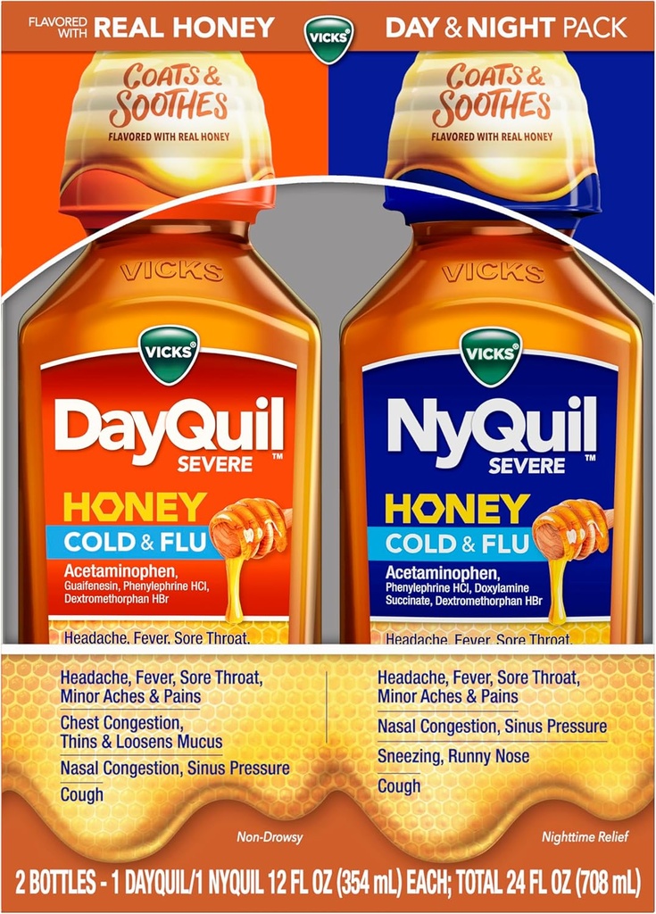 VICKS DayQuil & NyQuil SEVERE Honey Flavor Co-Pack, Cold & Flu Medicine, Relieves Headache, Fever, Sore Throat, Minor Aches & Pains, Nasal Congestion, Sinus Baskısı, 2x12oz ve Cough, 2x12oz