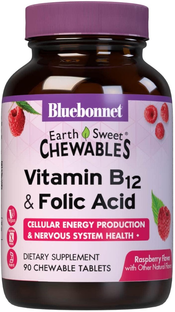 BlueBonnet Beslenme Dünya Tatlı Vitamin B12 & Folic Asit Chewable Tabletler, Soy-Free, Gluten-Free, Raspberry 90 Count (kahkadar)