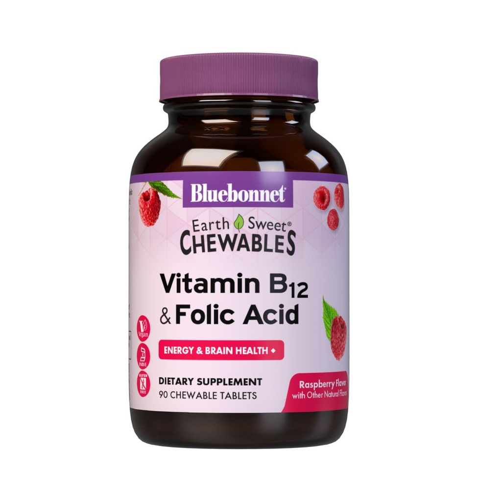 BlueBonnet Beslenme Dünya Tatlı Vitamin B12 & Folic Asit Chewable Tabletler, Soy-Free, Gluten-Free, Raspberry 90 Count (kahkadar)