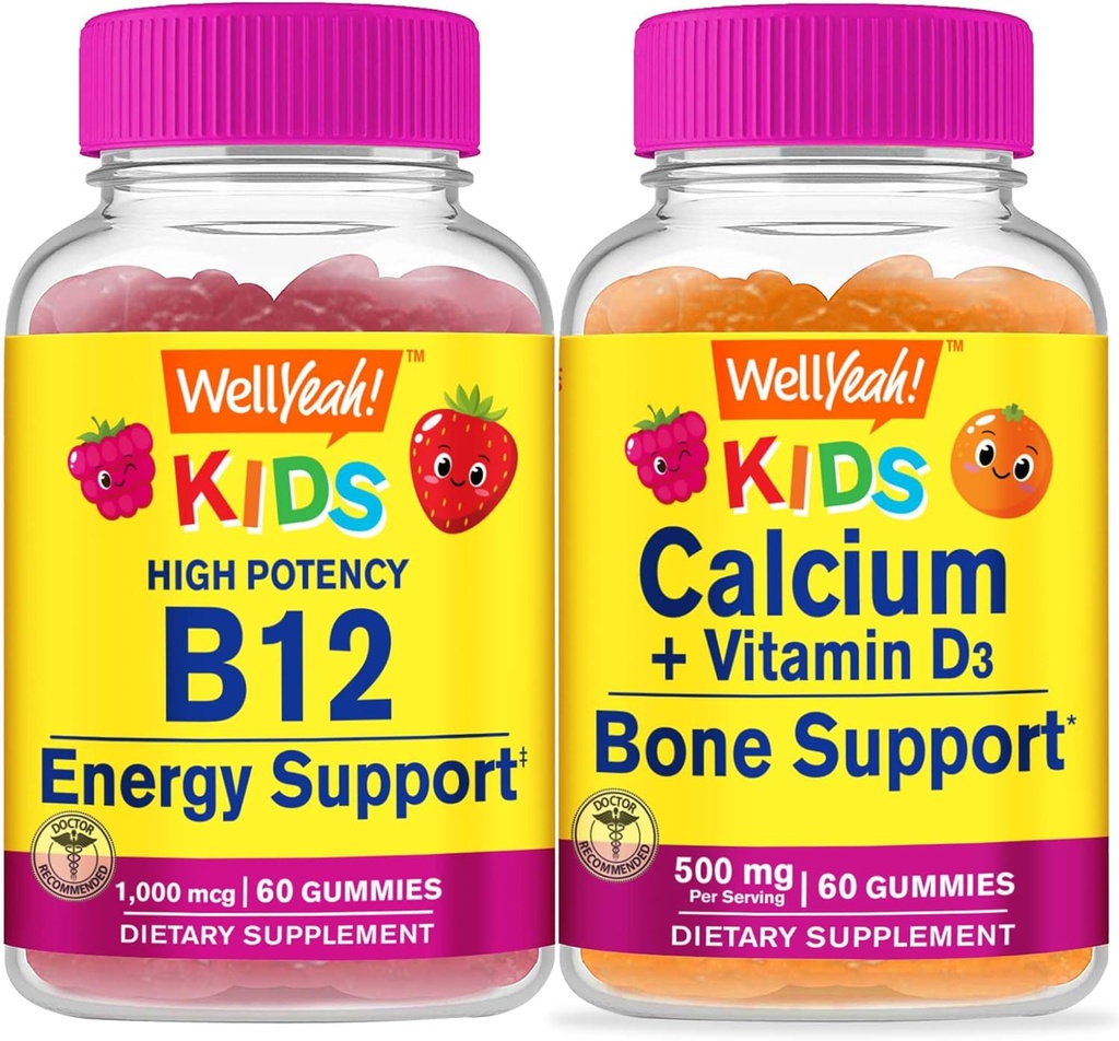 WellYeah Vitamin B12 Kids + Calcium + Vitamin D3 Kids, Gummies Bundle - Great Tasting, Vitamin Supplement, Gluten Free, GMO Free, Chewable Gummy