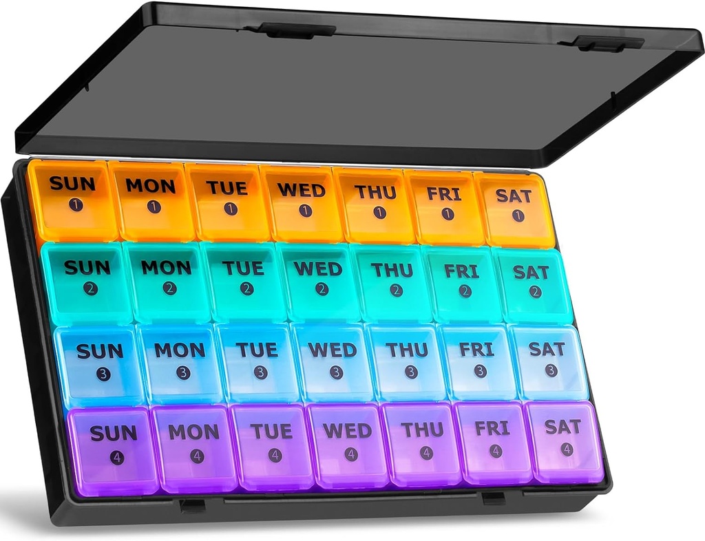 XL Büyük Aylık Pill Organizer 4 Hafta, 28 Günlük Pill Organizer Haftalık, Seyahat Davası ile Büyük Karşılaşma, 7 Gün Pill 4 Times a Day, Medicine Organizer Box for Vitamin, Fish Oil (Black)