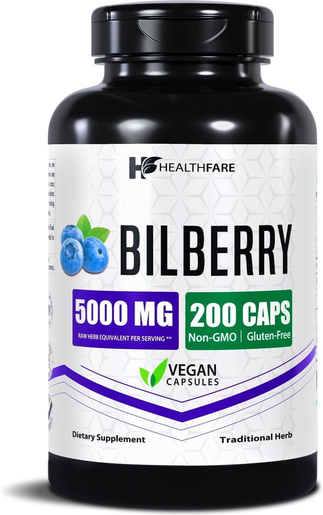 Healthfare Bilberry Supplement for Eyes | 5000 mg Extract | Vision & Eye Health Support | Antioksi Support | 200 Vegan Capsules | Ekstra Kuvvet | ABD'de Yapılacaklar |