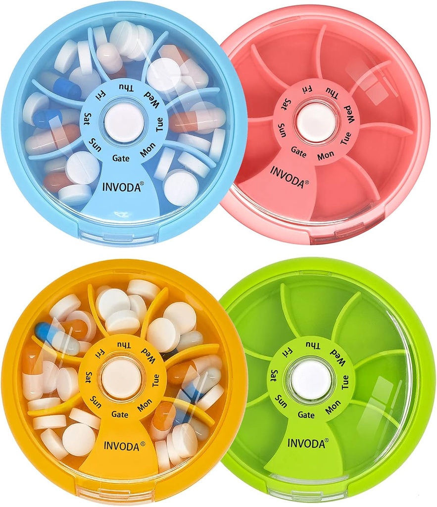 INVODA Weekly Pill Organizer 7 Διαμέρισμα Περιστρεφόμενο Χάπια Κουτί για Καθημερινή Φάρμακα & Βιταμίνες - Portable Travel Pill Υπόθεση Fish Oil Συμπληρώματα Βιταμίνες Organizer (4PCS)